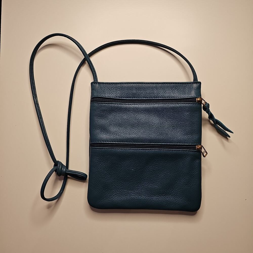 Vintage 90s SVEN USA Teal Leather Crossbody Bag Multi Pocket Gold Tone